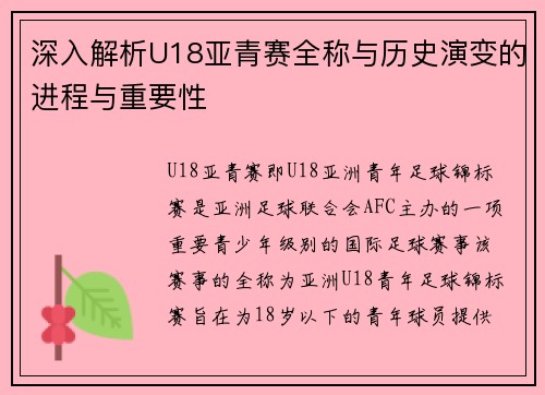 深入解析U18亚青赛全称与历史演变的进程与重要性