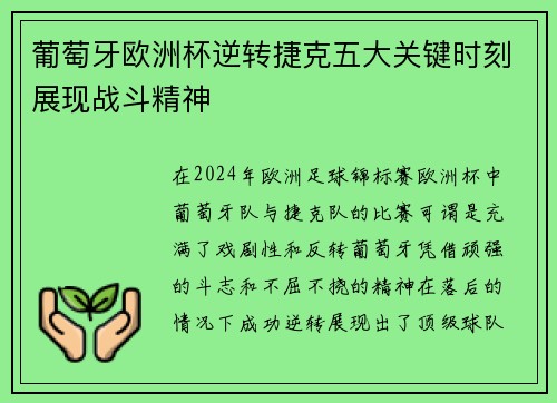 葡萄牙欧洲杯逆转捷克五大关键时刻展现战斗精神